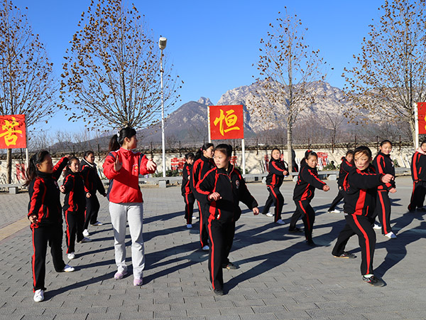 嵩山少林寺武校女子系学生学习少林套路